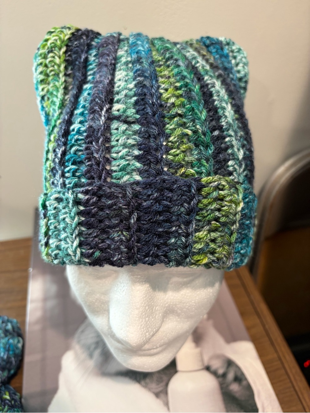 Handmade Crochet Cat Ear Beanie Blue Green Boho Hippie Hat - Picture 2 of 5